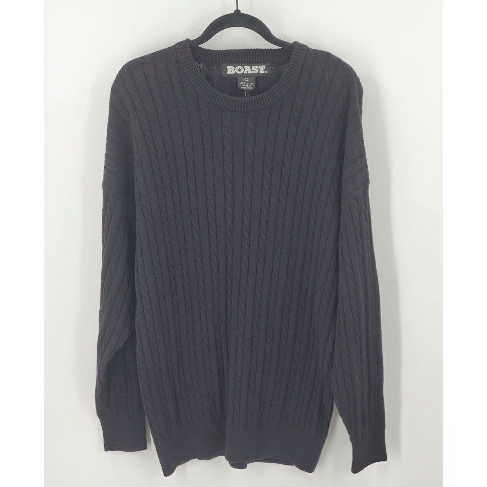 Boast Mens Sweater L Cable Knit Pull Over Long Sleeve Black Cotton Large New